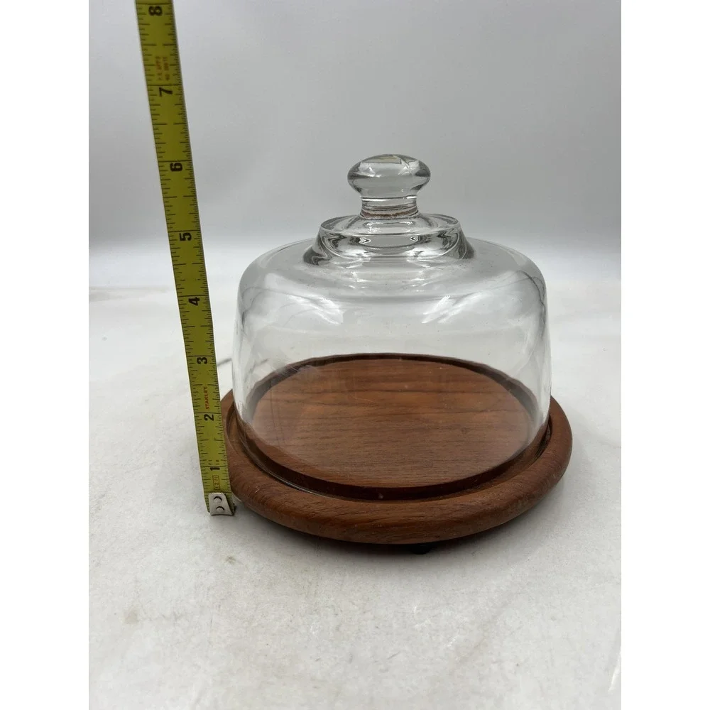 Dolphin Teakwood Cheese Dome Glass Cloche Server Mid Century Modern Wood